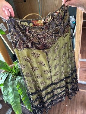 Olive Floral Embroidered Maxi Skirt with Patterned Waistband